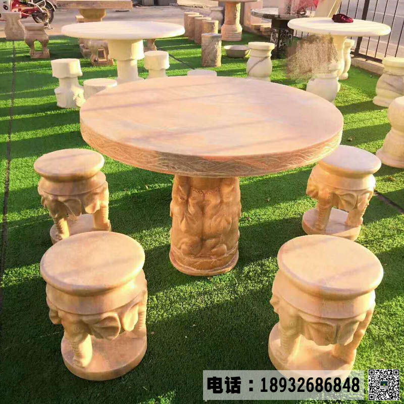 石雕晚霞红石桌凳图片造型,别墅庭院中式石桌凳休息摆件,石桌石凳批发厂家